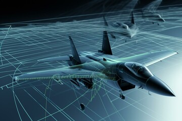 A 3D rendered military jet connected to aircraft lines. Generative AI