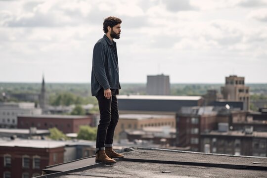 shot of a man standing on the edge of an urban rooftop