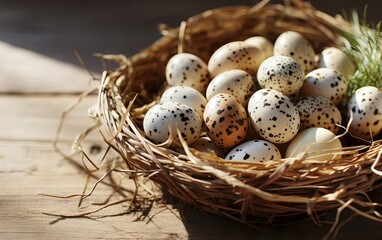 Naklejka na ściany i meble Quail eggs in a basket on a wooden table