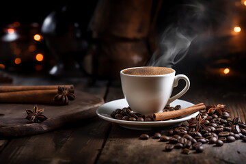 Fototapeta premium Coffee cup and coffee beans on a wooden background with decorations.