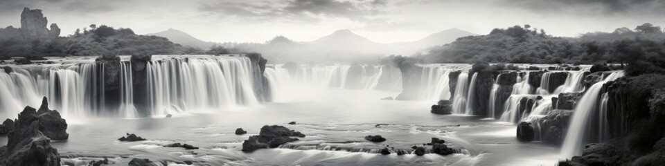 View panorama BnW waterfall, landscape background