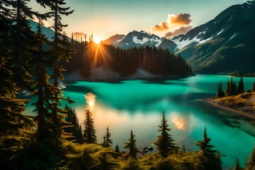 Fototapeta na wymiar Sunset over the turquoise-colored glacial mountain Garibaldi lake in the middle of a wooded forest 