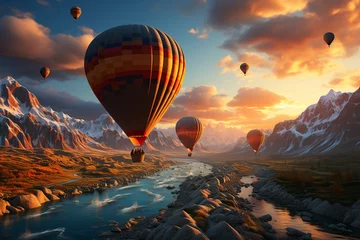 Papier Peint photo Brun hot air balloons flying over beautiful landscape,holidays excursion