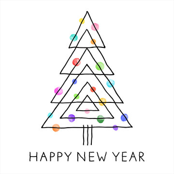 Happy New Year minimal style greeting card, illustration. Hand drawn doodle geometric minimalist Christmas tree, fir. Watercolor colorful ball toys decorations, uneven linear triangles and letters. 
