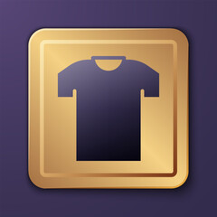 Purple T-shirt icon isolated on purple background. Gold square button. Vector