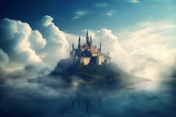Magical castle floating in the clouds. Digital artwork. Generative AI