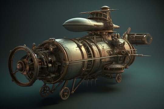 An aircraft with a unique steampunk design, combining elements of vintage machinery and futuristic technology. Generative AI