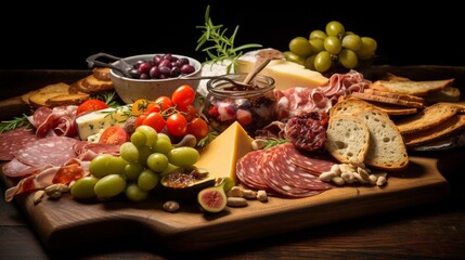 a gourmet charcuterie board, with a variety of cured meats, olives, and artisanal crackers