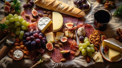 a gourmet charcuterie picnic, with a platter of cured meats, artisanal cheeses, and a bottle of wine