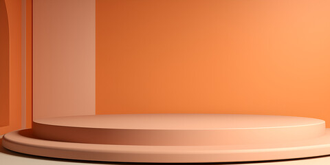 Minimalistic simple mock up background with a podium pedestal for products, soft orange apricot color
