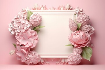 3D display with vintage frame, peonies, hydrangeas, and nature leaf on a pastel pink background. Minimal pedestal for beauty or product with feminine copy space. Generative AI