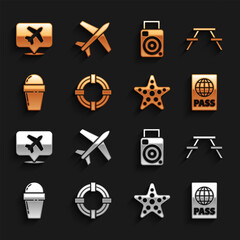 Set Lifebuoy, Picnic table with benches, Passport, Starfish, Ice cream in waffle cone, Photo camera, Speech bubble airplane and Plane icon. Vector