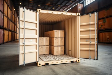 Shipping container with open doors, filled with cardboard boxes on pallet. Generative AI