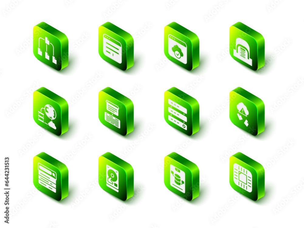 Poster set browser window, cloud technology data transfer, hangar with servers, hacking, processor cpu, ser