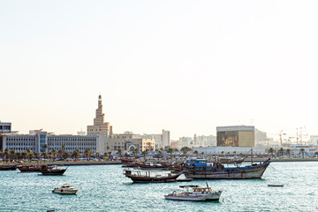 Doha Bay Port with boats for tourists