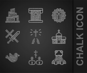 Set Hands in praying position, Priest, Church building, Dove, Crusade, Christian cross and Babel tower bible story icon. Vector