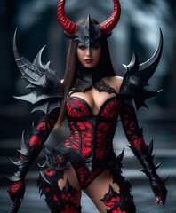  Woman wearing a intricate demon outfit. Fantasy