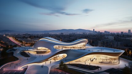a modern art museum with a unique architectural design that blends seamlessly with the cityscape