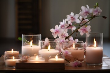 Obraz na płótnie Canvas Calm and soothing arrangement of lit candles and blossoms in a tranquil spa setting. Generative AI