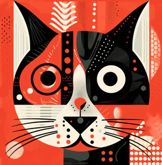 Painting art work of a cat face in black, white and red. Geometrical shapes. Ready to print and put on a canvas.