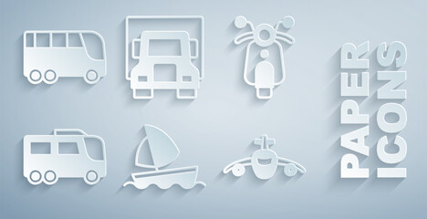 Set Yacht sailboat, Scooter, Bus, Plane, Delivery cargo truck and icon. Vector