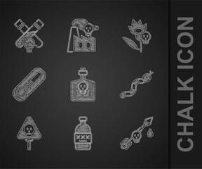 Set Bottle with potion, Poisoned alcohol, the arrow, Snake, Bones and skull, Thermometer, flower and icon. Vector