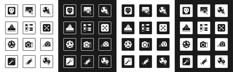 Set Magnifying glass with globe, Soil analysis, Volcano, Archeology, Roulette construction and Gear wheels and earth icon. Vector