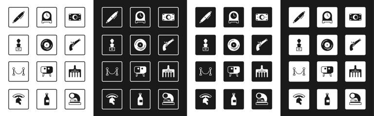 Set Stacks paper money cash, Vinyl disk, Gypsum head sculpture bust, Pen, Vintage pistol, Antique clock, Hairbrush and Rope barrier icon. Vector