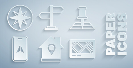 Set Location with house, Folded map location marker, City navigation, Gps device, Road traffic sign and Wind rose icon. Vector
