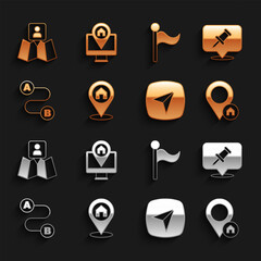 Set Location with house, Push pin, City map navigation, Route location, Flag, Folded marker and Monitor icon. Vector