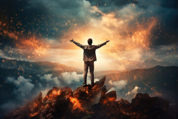 Fototapeta na wymiar A young man standing on top of a burning mountain with his arms open trusting and talking to God Generative AI Illustration
