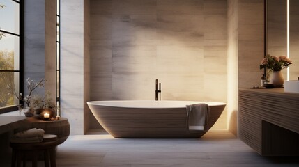 a serene scene of a spa-inspired bathroom with a freestanding bathtub, natural stone tiles, and soft, indirect lighting