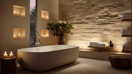 a serene scene of a spa-inspired bathroom with a freestanding bathtub, natural stone tiles, and soft, indirect lighting