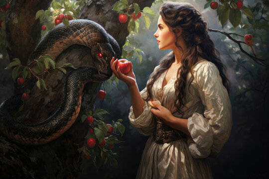 Eve in paradise with the forbidden fruit in her hand and to be tempted by Satan in the form of a serpent Generative AI Illustration