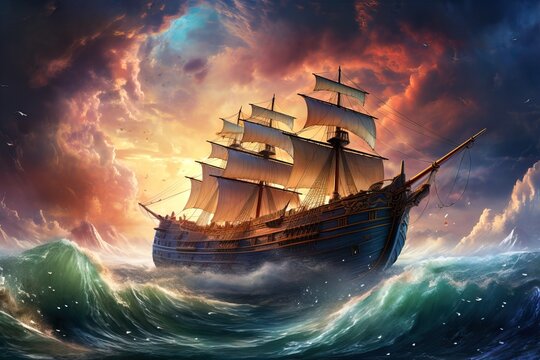 Illustration of a medieval boat sailing in turbulent waters with many waves and light effects Generative AI