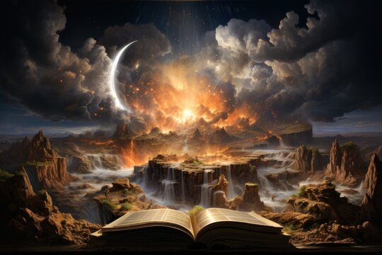 Illustration of an open Bible with landscape of the nature of God's creation Generative AI