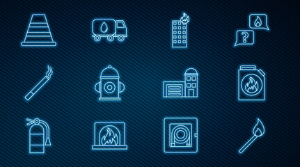 Set line Burning match with fire, Canister for flammable liquids, Fire burning building, hydrant, Cigarette, Traffic cone, Building of station and Water delivery truck icon. Vector