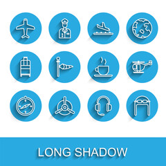 Set line Compass, Plane propeller, Headphones with microphone, Aviator hat goggles, Cone meteorology windsock wind vane, Helicopter and Coffee cup icon. Vector