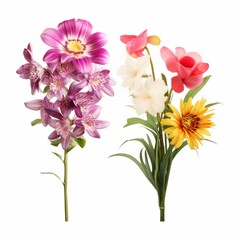 A set of flowers daisy and orchid, against isolated white background