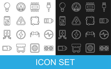 Set line Electrical outlet, circuit scheme, Battery charge level indicator, Processor with microcircuits CPU, High voltage, Multimeter, Light bulb concept of idea and icon. Vector