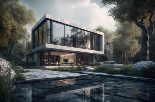 Design house - modern villa with open plan living and private bedroom wing. Large terrace with privacy and, swimming pool. Generative AI.