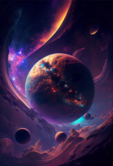 imaginary planets in space, colorful nebula