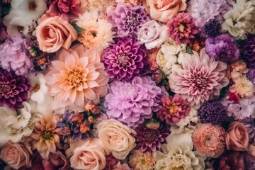 Obraz na płótnie Canvas Background of lovely flowers, a natural floral pattern wallpaper. Generative AI