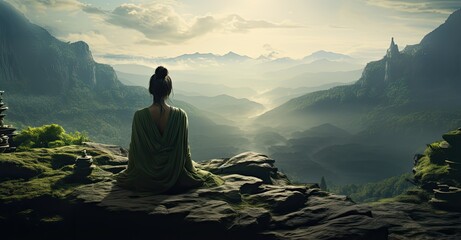 medytacja w naturze w górach, oddychanie przy jodze w naturze - obrazy, fototapety, plakaty