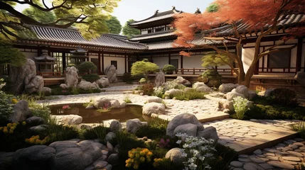 Foto op Plexiglas Create an inviting display of a peaceful monastery garden with a central courtyard, Zen rock garden, and bonsai trees in full bloom © Muhammad