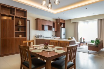 Stylish kitchen with wooden furniture & bright dining space, perfect for luxury living. Generative AI