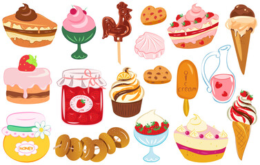 Vector set of various sweets: ice cream, cakes, bagels, compote, jam, honey, lollipop, mousse, cream, cake, cookies, berry dessert, marshmallows.