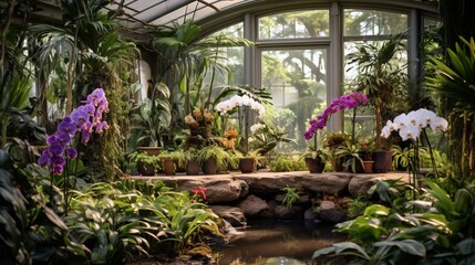 Create an inviting display of a tropical rainforest with exotic orchids, bromeliads, and lush ferns, thriving in their natural habitat