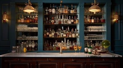 Create an inviting display of a vintage-inspired home bar with a well-stocked liquor cabinet, elegant glassware, and dimmed pendant lights
