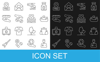 Set line Male doctor, Trash can, Humanitarian ship, Rescue helicopter, Donation and charity, food, Location with heart and Volunteer center icon. Vector